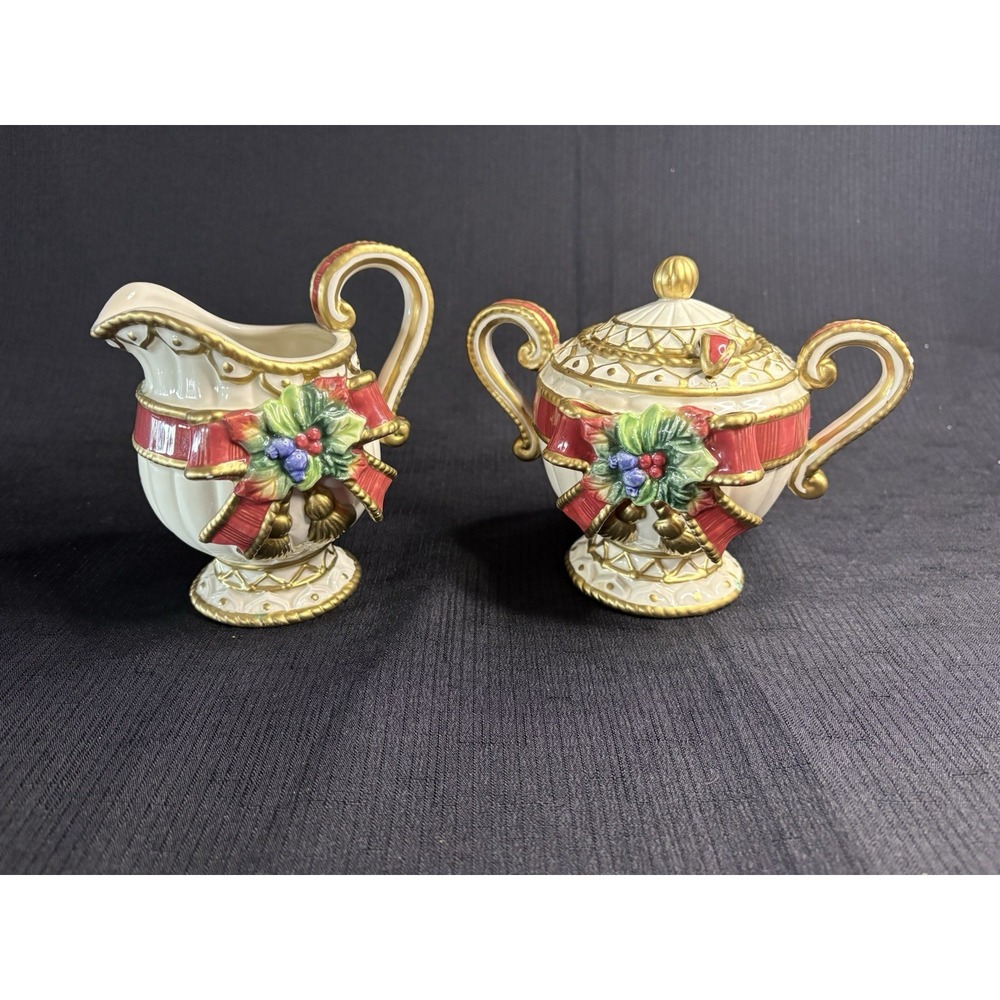 Fitz and Floyd Christmas Creamer With Spoon And Sugar Bowl Set Porcelain